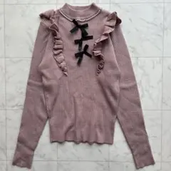 AnkRouge アンクルージュ　リブニット　フリル　リボン　パール　ピンク　M
