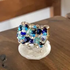 13－15号　ファルファーレビーズと竹ビーズのワイドリング　ブルーミックスカラー