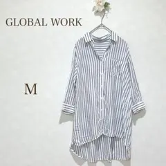 グローバルワーク　シャツ　スキッパー　ストライプ　白　ネイビー　綿54% M