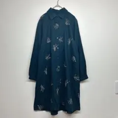 刺繍　長袖シャツ　チュニックワンピース　羽織り　　微起毛　ダークグリーン　M〜L