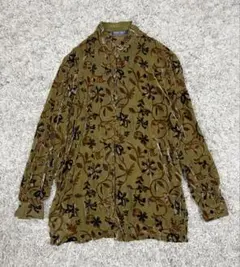 ヴィンテージ　カーキ　チャイナシャツ　ベロア　ベルベット　レトロ