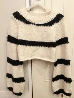 アイボリー ブラック ストライプ クロップドニット Mサイズ