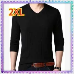 メンズ カラー Vネック ニット セーター カットソー ブラック XXL