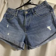ライトブルー ダメージ加工 ハイウエストショートパンツ