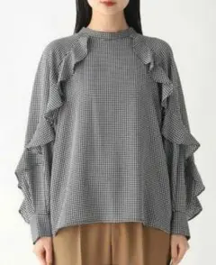 オペークドットクリップ　長袖ブラウス　千鳥格子柄　フリルスリーブ　洗濯可　上品M