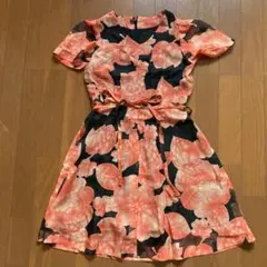 【夏物】朱色　花柄　半袖　ワンピース　S　昭和レトロ
