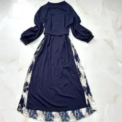 ロングワンピース 長袖 異素材切替 プリーツ ネイビー きれいめ