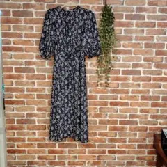 indexネイビー 花柄 ロングワンピース 長袖