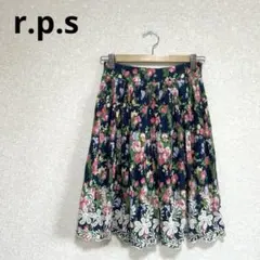 r.p.s 花柄フレアスカート 後ウエストゴム 裾刺繍 ネイビー ピンク Mのサムネイル