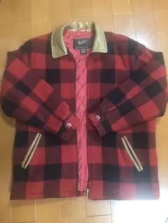 古着　ジャケット　ビンテージ　90年代革　レザー　レッド　チェック　ブラック