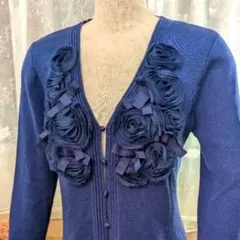 スーパービューティー カーディガン40　フラワーモチーフ　リボン　 ネイビー