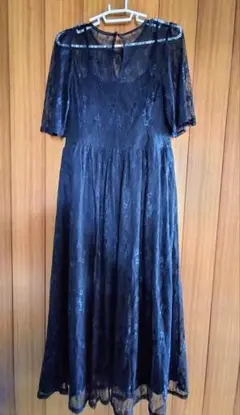 濃紺レース フレアロングドレス 半袖