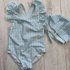 専用女の子用フリル付き水着 帽子ギンガムチェックミントグリーン100〜110㎝