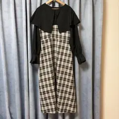 ブラック・チェック柄ロングワンピース