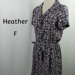Heather　半袖　花柄ロンパース　F　ネイビー　総柄　ウエストベルト付