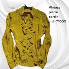 pierre cardin　シルク100% フリルブラウス 幾何学ドット柄