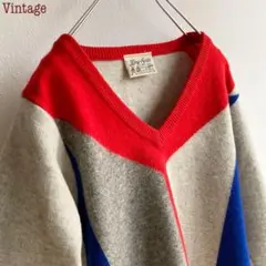 英国製 ビンテージ カラー切替 ウール Vネック ニット グレー レッド ブルー