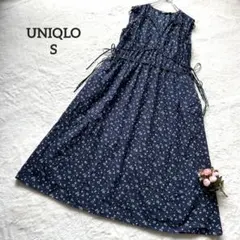 UNIQLO◇小花柄　ロングワンピース　ノースリーブ　コットン　ネイビー　S