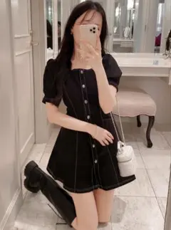 GRL スクエアネック配色ステッチフレアミニワンピース【nh51】