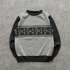 90s archive 犬柄 プードル ニット チェック柄 平成レトロ 古着