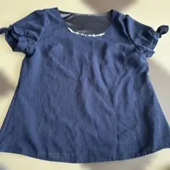 ネイビー 半袖トップス ビーズ装飾