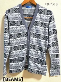 【美品】BEAMS ビームス 総柄 ニットカーディガン ノルディック柄 グレー