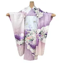 着物　振袖　帯　2点セット　紫色　鹿の子絞り　雲取り文様　扇　四季花文　金彩加工