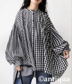 patterntorso チェック柄ボリュームシャツ バンドカラー