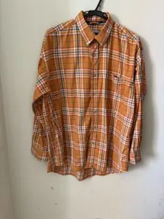 オレンジ系チェック柄長袖シャツ