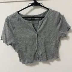 グレー リブ編み 半袖カーディガン