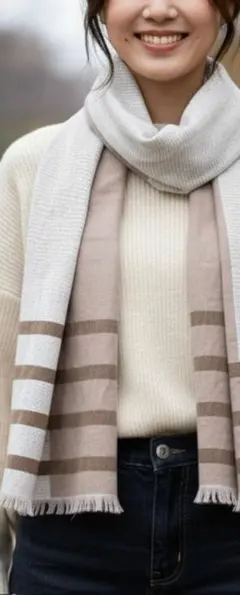日本製　コットンマフラー　起毛　アイボリー×ベージュ　バイカラー　新品　未使用