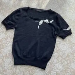 インゲボルグ　ラインストーンロゴ　カシミヤ混シルクウールニット　リボン柄M黒