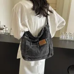 デニム ショルダーバッグ ダークグレー リメイク風 メッセンジャー 男女兼用
