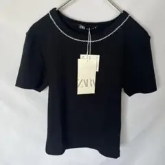 新品タグ付き ZARA リブニット 半袖トップス 黒 S 配色ライン クロップド