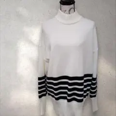 ホワイトブラック　ボーダー　ハイネックニット　Lサイズ