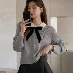 襟付きリボンニットカーディガン SHEIN ホビ垢 ガーリー スナ系