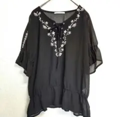 【RETRO GIRL】半袖ブラウス(М)花柄刺繍 透け感 シースルー