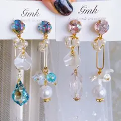 クリスタル　ピアス　ビジュー　ハンドメイド　パール　アシンメトリー　フラワー　花