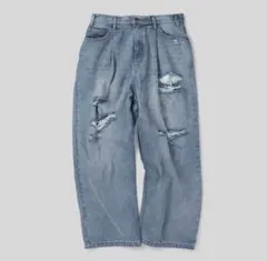 【美品】9090 バギーデニム ダメージ加工 キングロゴ 刺繍 Y2K Mサイズ