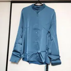 大きいサイズXL　昭和レトロ スタンドカラー長袖ブラウス ブルーiiTO
