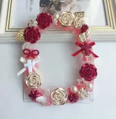 レッドゴールドホワイト　硬質ケース縦入れB8　薔薇リボン　赤金白　ホイップデコ