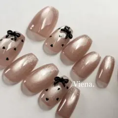 リボン　ハート　マグネット　ラメ　ベージュブラウン　ネイルチップ　オーダー