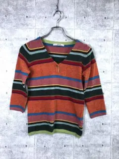 00’s 古着 ボーダー ヘンリーネック 七分袖 アンゴラ混ニットトップス