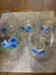 青い花の装飾グラス 5個セット