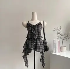 ブラック系チェックフリルキャミソール