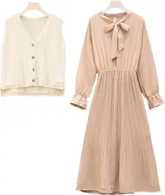 リボン付きプリーツワンピースとカーディガンセット　Lサイズ
