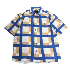 柄シャツ　ブロックチェック柄　幾何学模様　半袖　XL 古着　8dのサムネイル