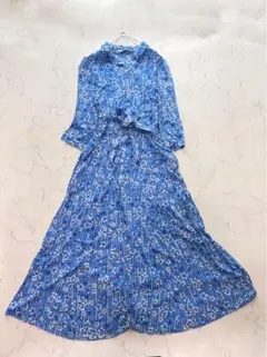 ZARA フラワーストライプ シャツワンピース ブルー ロングワンピース ベルト
