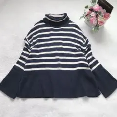 ギャップ タートルネックボーダーニットトップス ロング チュニック ゆるだぼ 紺