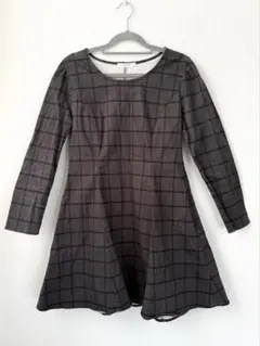 LOWRYS FARM グレー チェック柄 長袖ワンピース フレア ミニワンピ